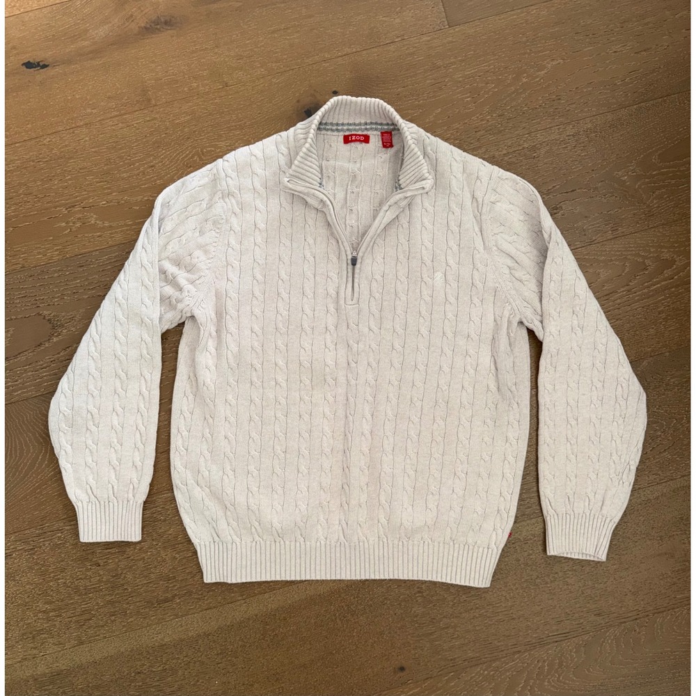 IZOD Mens XL Quarter Zip Sweater Cable Knit Pullover Mock Neck Beige Cream